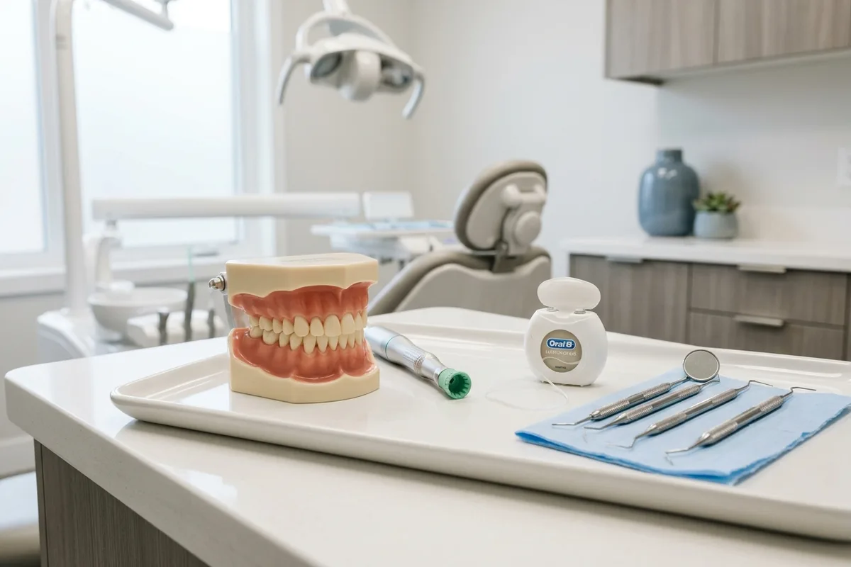 dental cleaning dental model and materials in a bright clinical setting