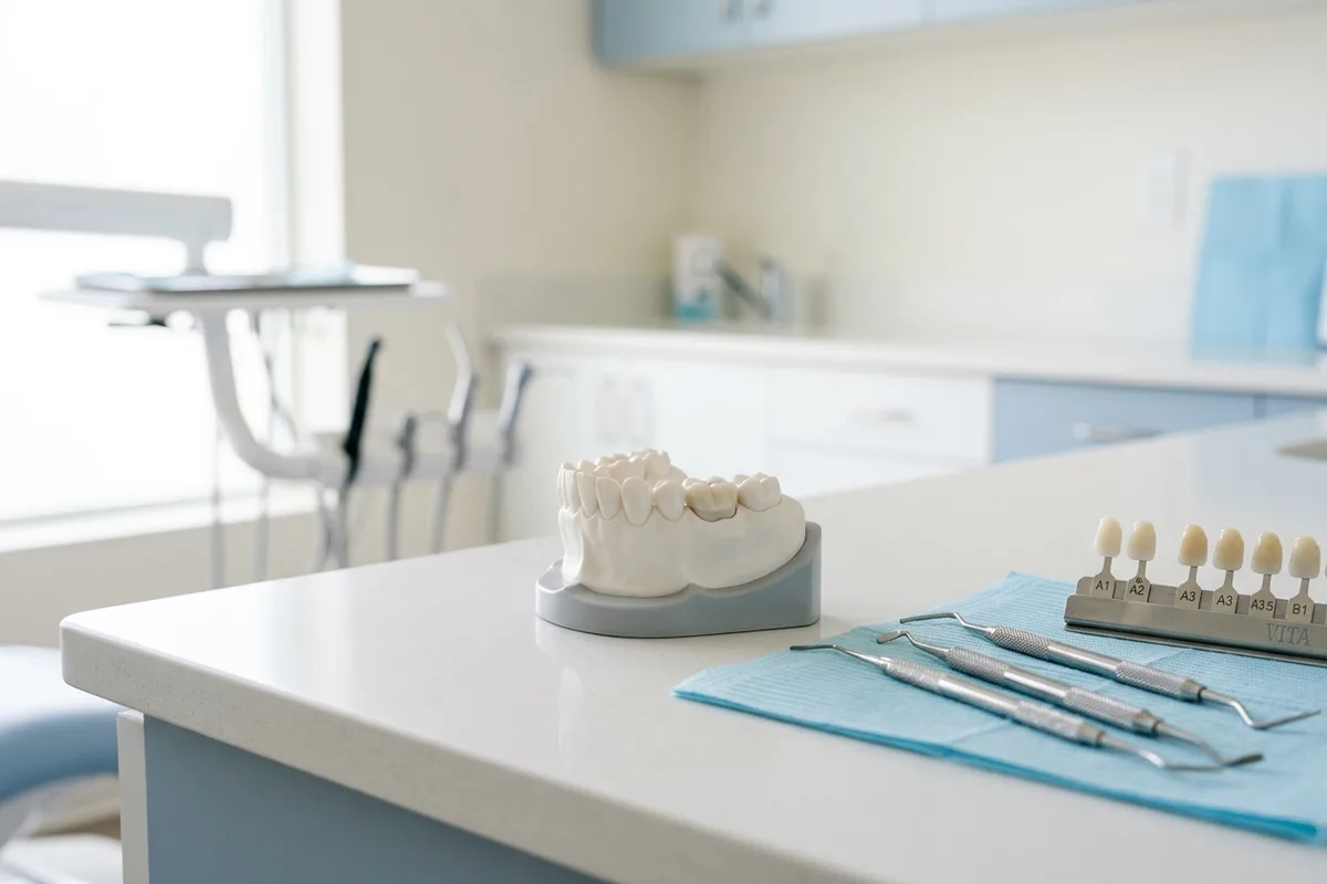 modelo dental y materiales para empastes dentales en un entorno clínico luminoso