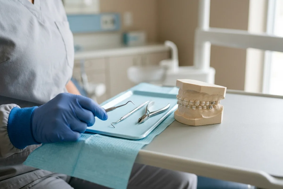 traditional braces dental model and materials in a bright clinical setting