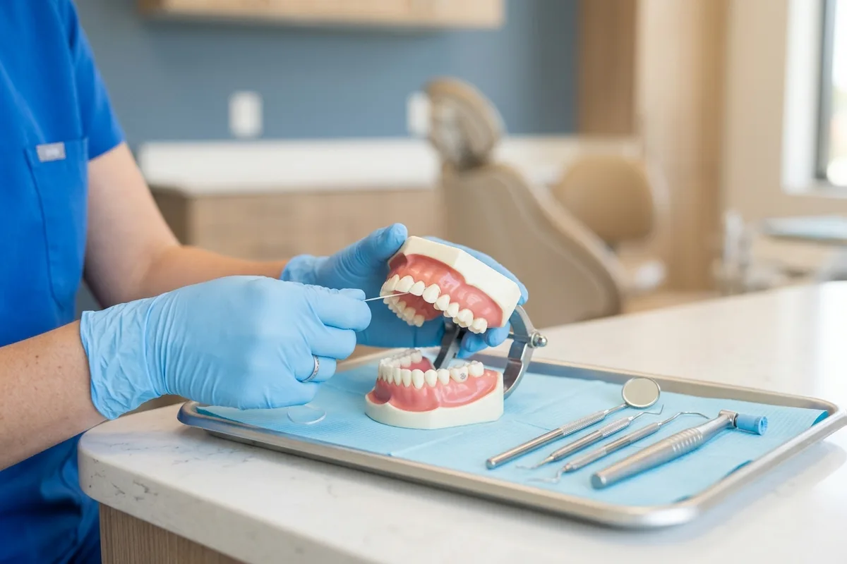 dental cleaning dental model and materials in a bright clinical setting