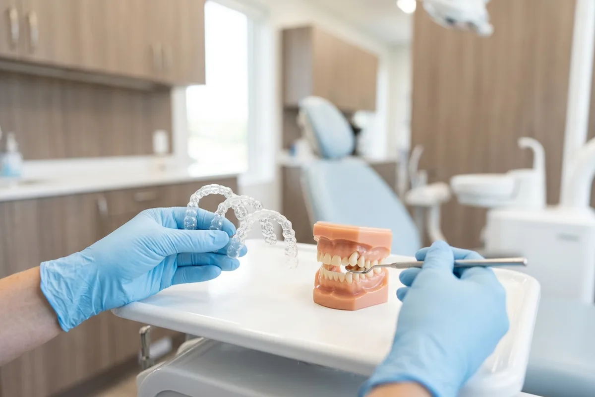 modelo dental de alineadores transparentes y materiales en un entorno clínico luminoso