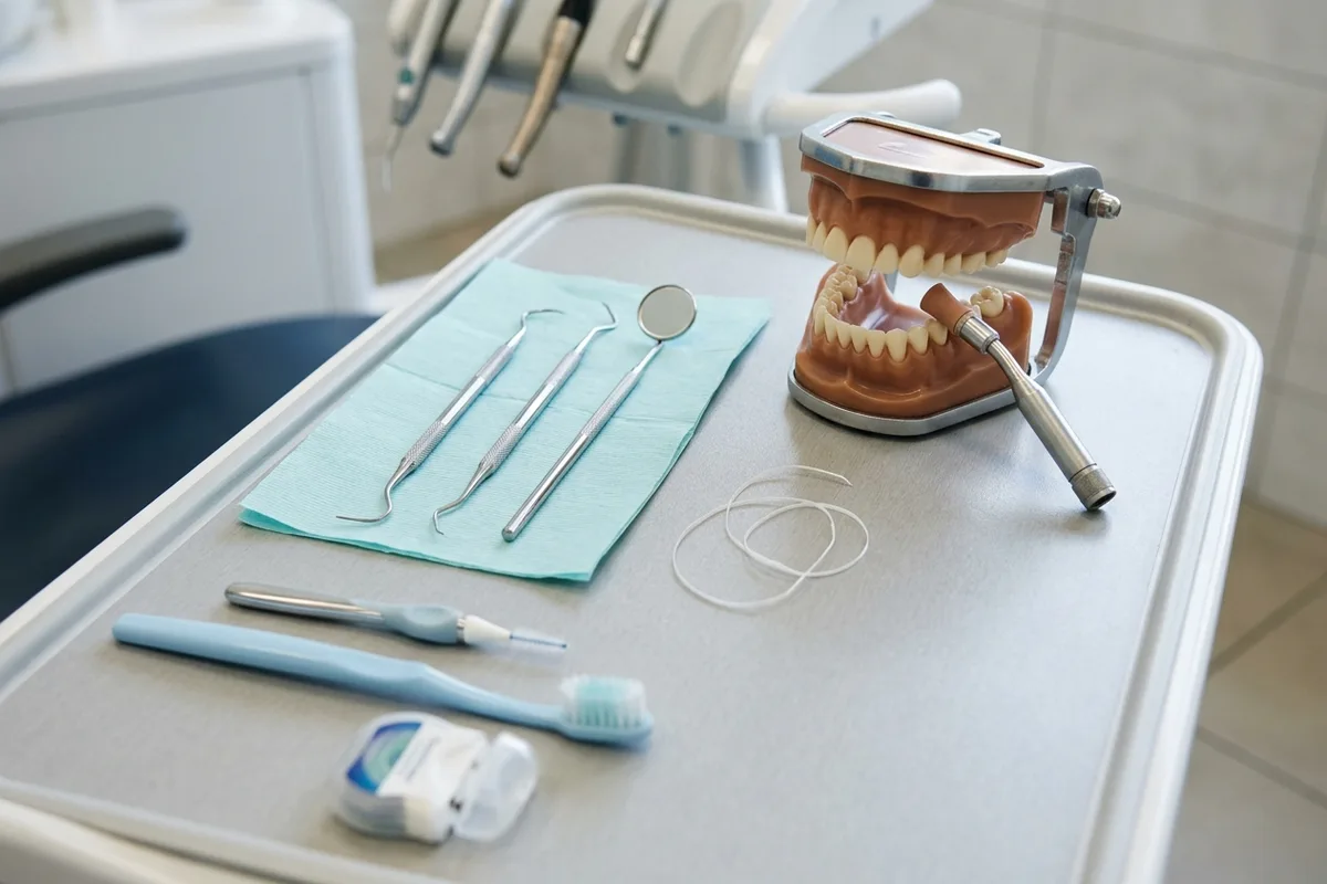 dental cleaning dental model and materials in a bright clinical setting