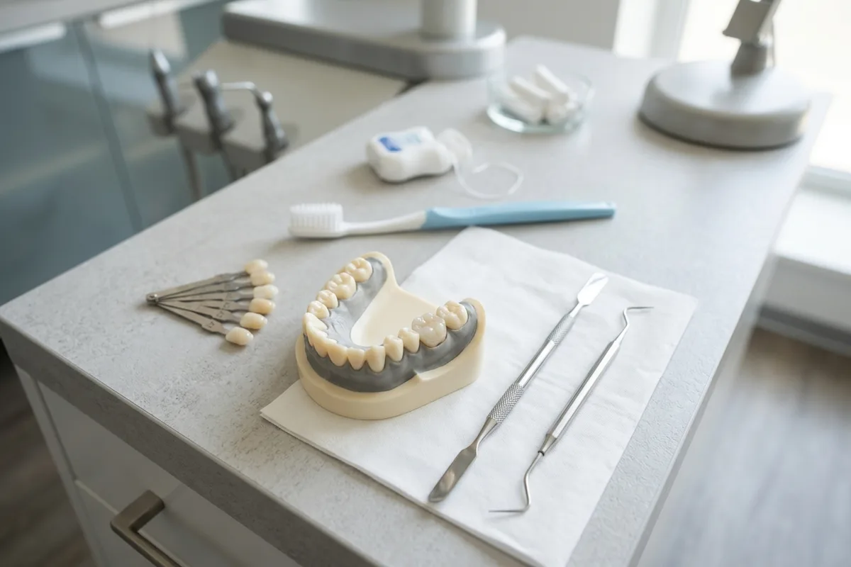 modelo dental y materiales para empastes dentales en un entorno clínico iluminado