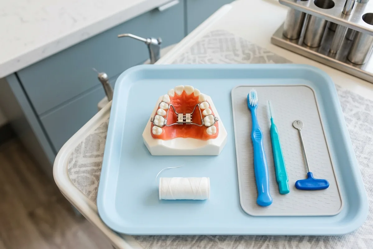 modelo dental y materiales de ortodoncia temprana en un entorno clínico luminoso