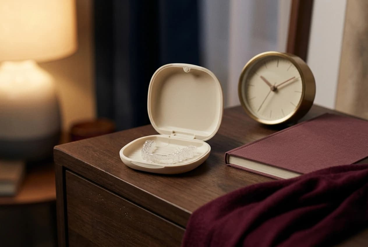 An aligner case and clock illustrating a consistent daily wear routine.