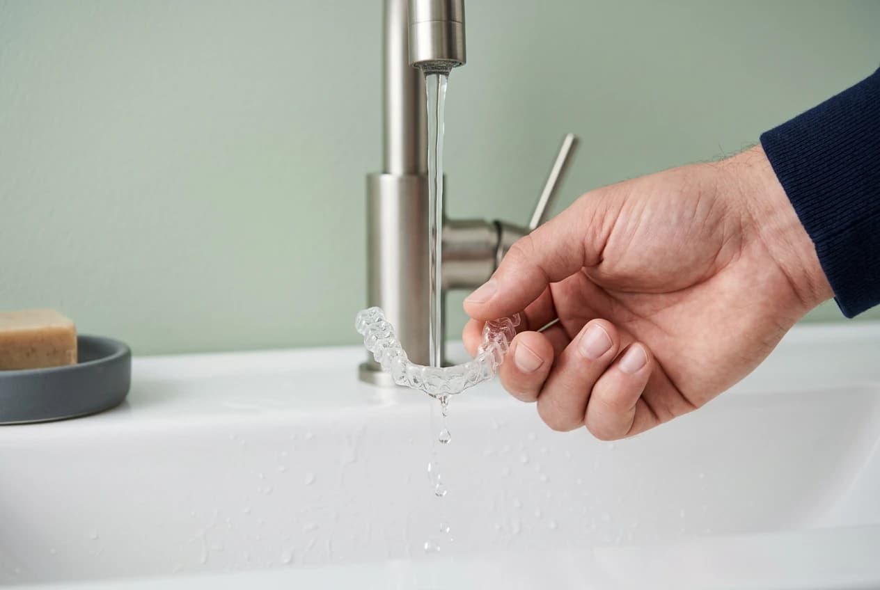 Un alineador transparente enjuagándose sobre un lavabo como una escena ilustrativa de limpieza.