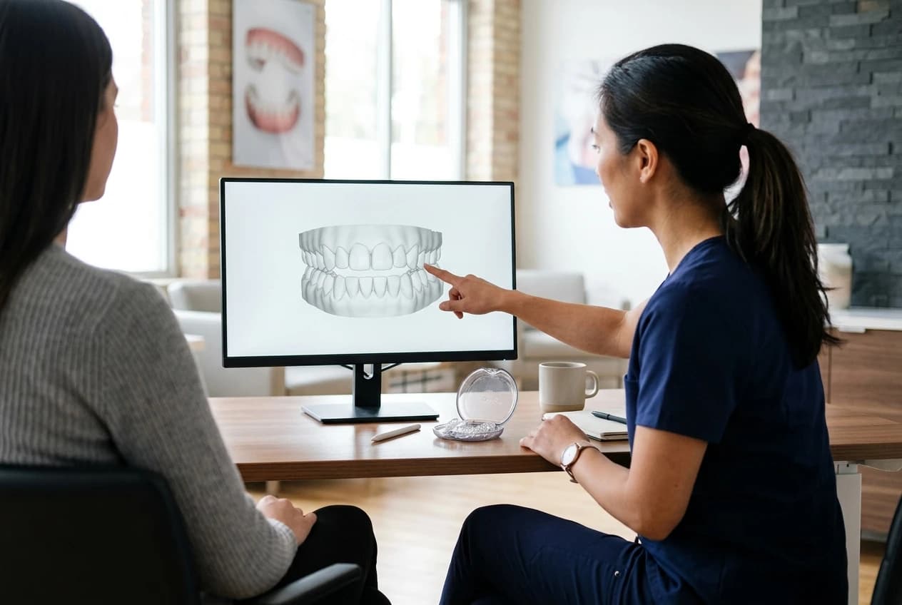 Illustrative consultation scene for discussing aligner progress and treatment planning.