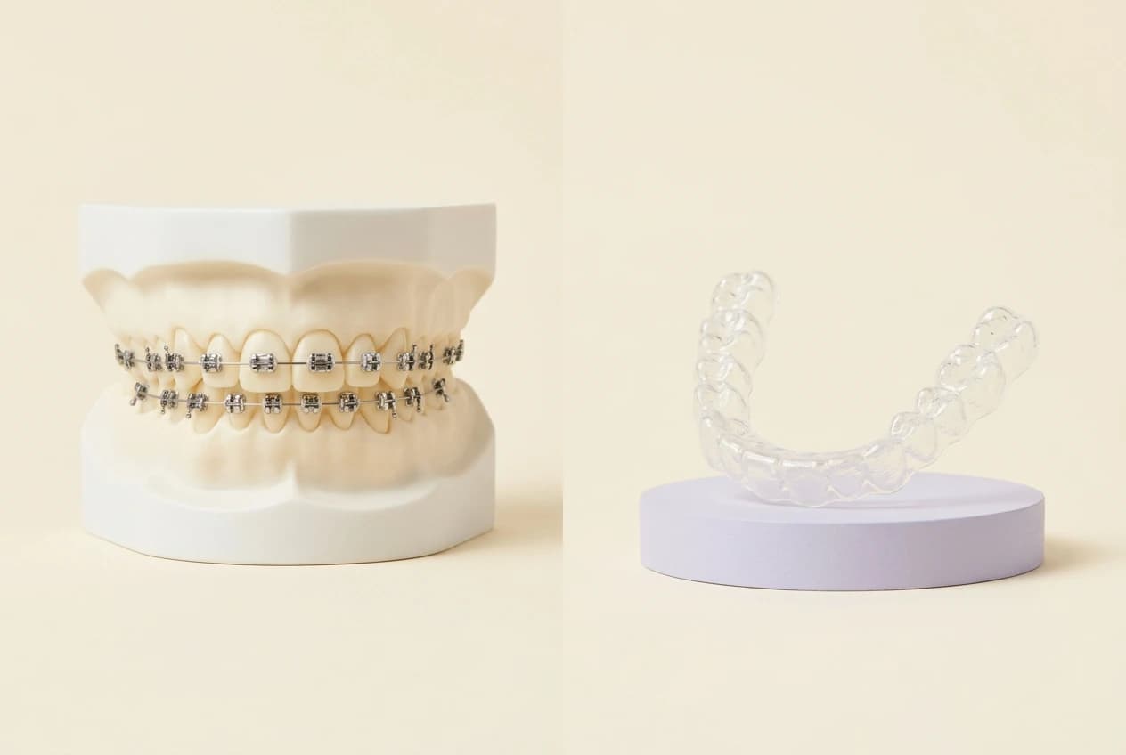 Illustrative comparison of a teaching model with braces and a clear orthodontic aligner.