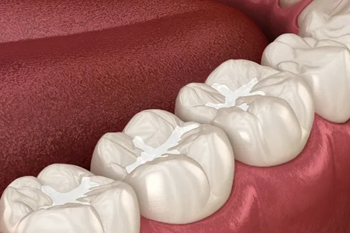 Dental illustration showing protective sealant material in the grooves of back teeth