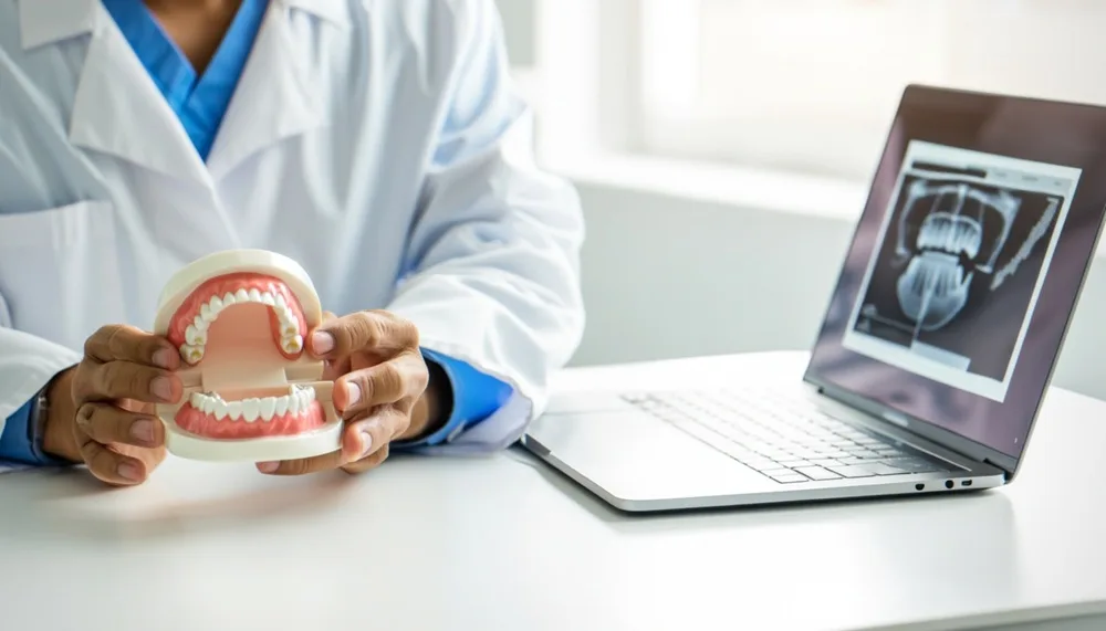 A clinician explaining oral health using a jaw model