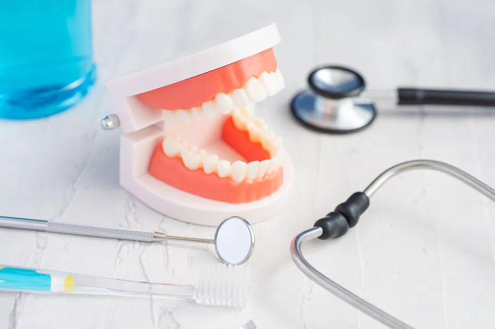 Jaw model, dental mirror, scaler, toothbrush, and rinse arranged on a table