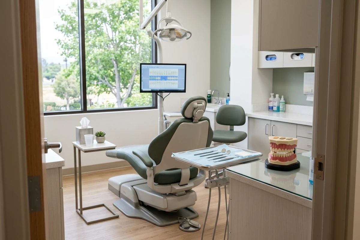 a modern general dentistry operatory prepared for a comprehensive exam with clean instruments and a tooth model for dentist Chino CA