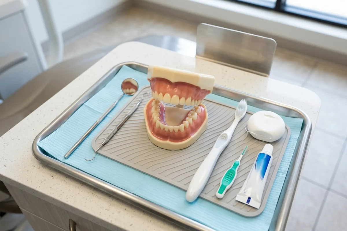 dental exam dental model and materials in a bright clinical setting