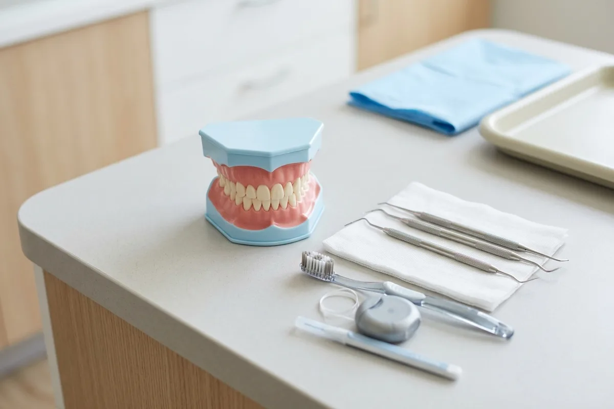periodontal treatment dental model and materials in a bright clinical setting