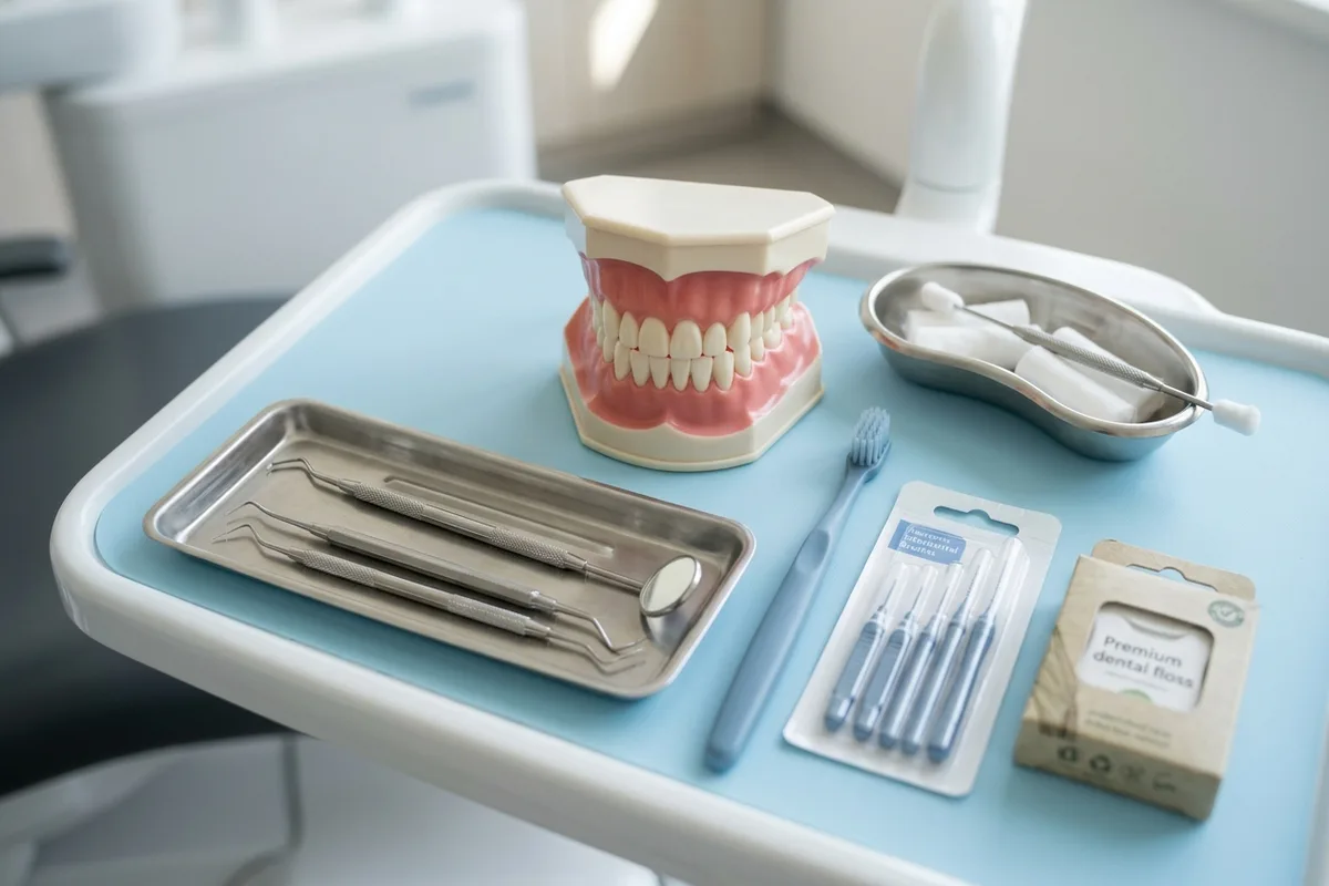 tooth pain evaluation dental model and materials in a bright clinical setting