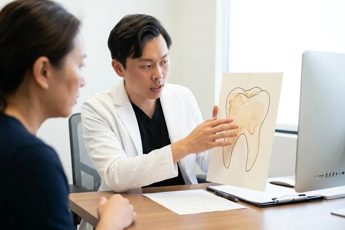 El Dr. Yiyang Zou se sienta en un escritorio de consulta para explicar el esmalte dental y las manchas superficiales a un paciente usando un diagrama sencillo.