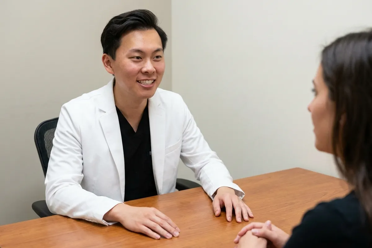 El Dr. Yiyang Zou está sentado en un escritorio hablando sobre la protección del esmalte y las limpiezas dentales de rutina con un paciente adulto.