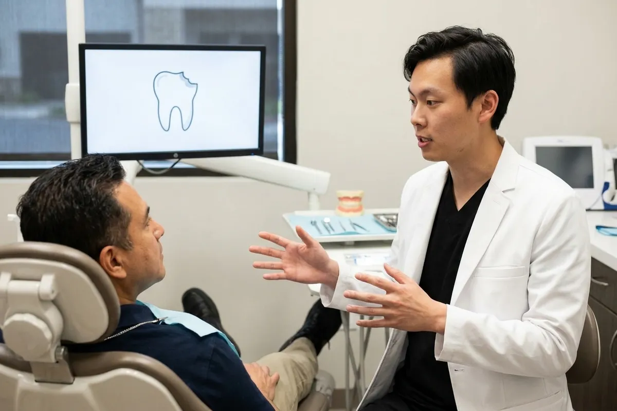El Dr. Yiyang Zou habla sobre la erosión del esmalte con un paciente en un sillón dental, con un diagrama sencillo de un diente en el monitor detrás de ellos.