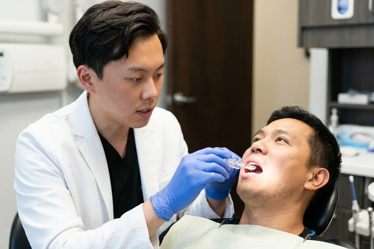 El Dr. Yiyang Zou demuestra cómo insertar un alineador de plástico transparente a un paciente adulto en el sillón dental.