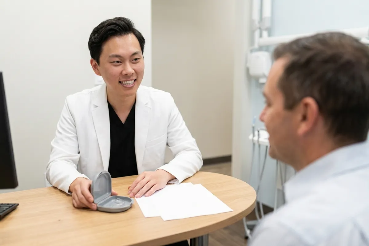 Dr. Yiyang Zou sits at a consultation desk discussing retainer care instructions with an attentive adult patient.
