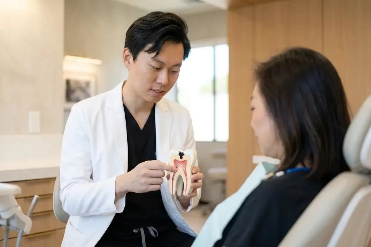 Yiyang Zou 医生在治疗室里用牙齿模型向患者解释严重蛀牙的各个阶段。