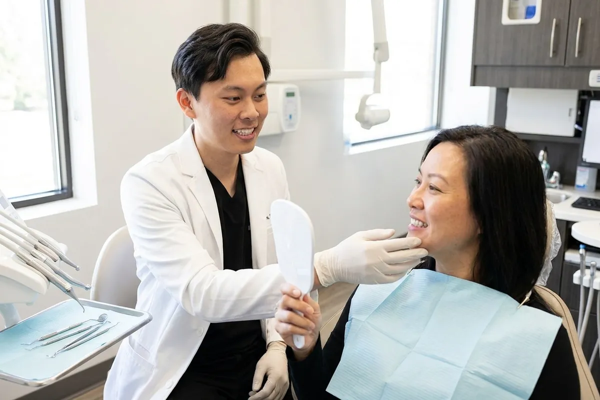 Dr. Yiyang Zou evaluates a patient's smile in the treatment room while the patient looks into a hand mirror.