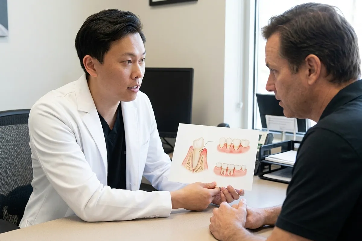 El Dr. Yiyang Zou está sentado en un escritorio de consulta hablando sobre las causas de la sensibilidad dental repentina con un paciente.
