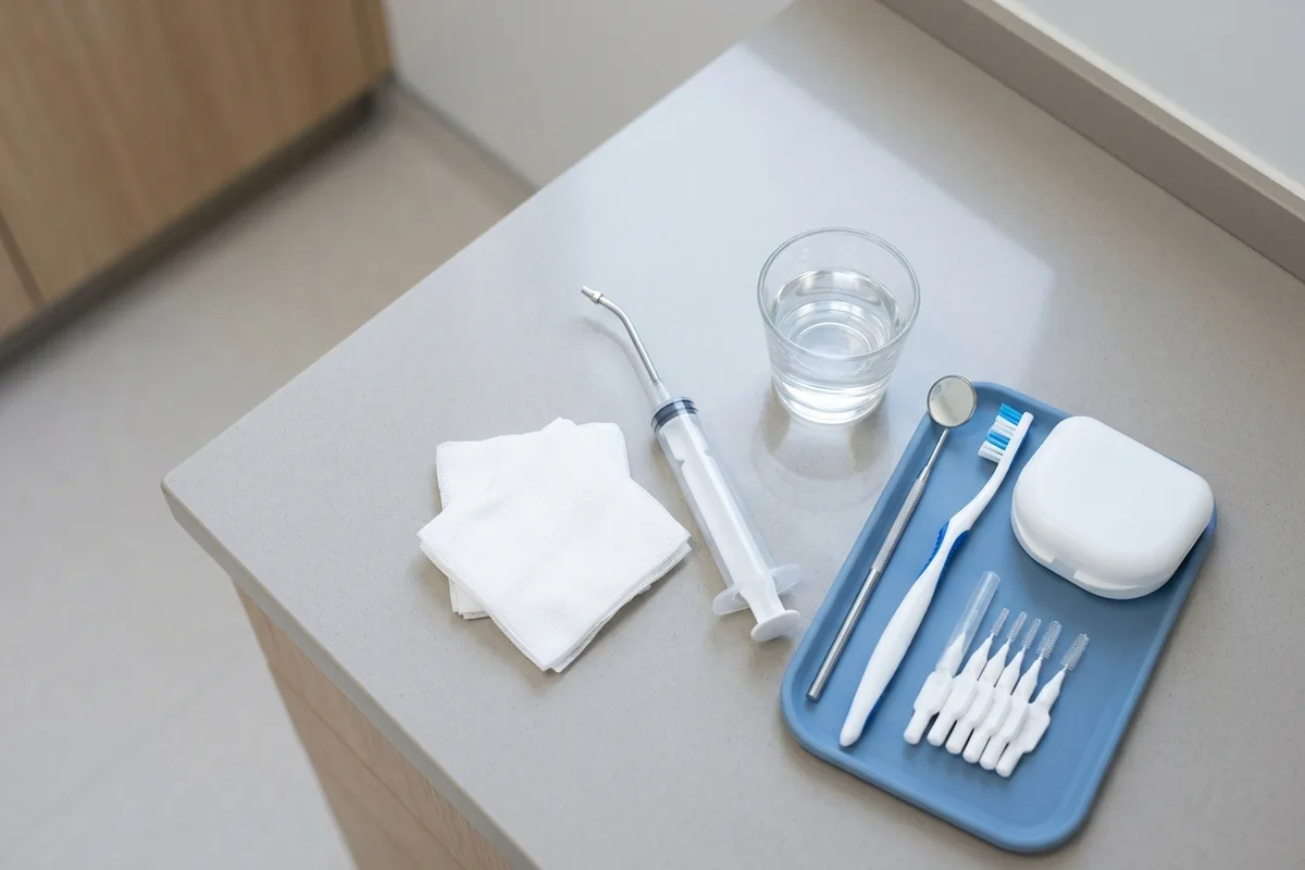 A curved plastic irrigation syringe, folded gauze squares, and a clear glass of saline solution rest on a clean counter.