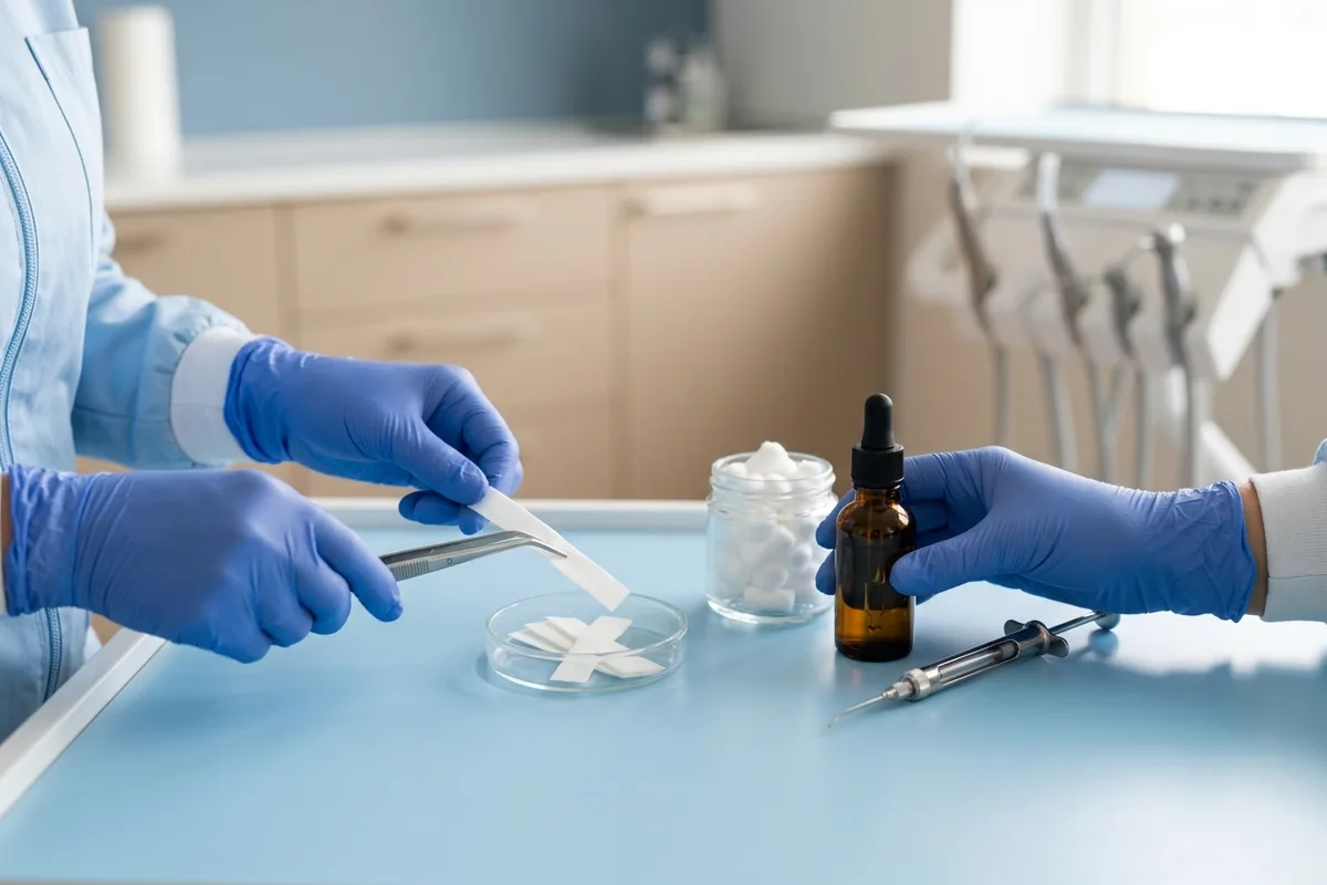 Medicated dressing strips, an amber dropper bottle, and an irrigation syringe sit arranged on a sterile countertop.