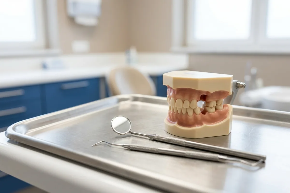 A dental jaw model displaying an extraction site sits next to stainless steel examination instruments on a tray.