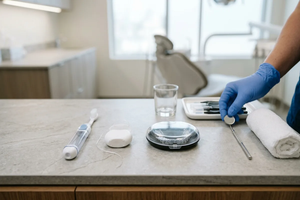 Un cepillo de dientes, hilo dental y un estuche para alineadores reposan ordenados sobre una superficie de piedra.