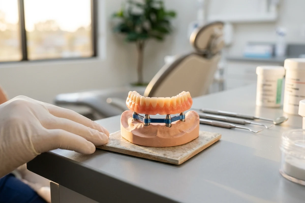 a clinically accurate full-arch implant-supported denture model with attachment points visible on a clean laboratory surface for implant supported dentures Chino
