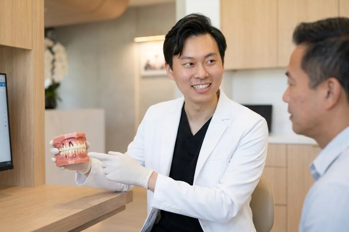 periodontal treatment dental model and materials in a bright clinical setting