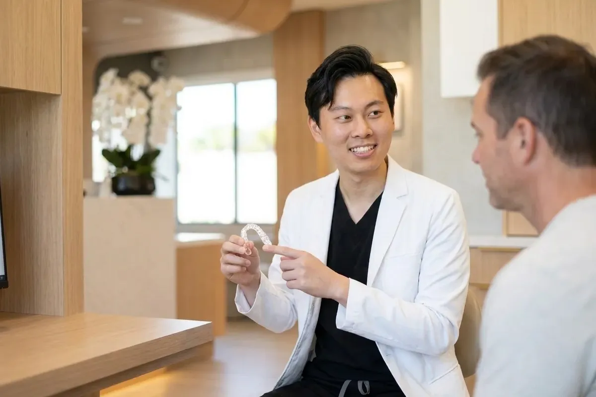 teeth whitening dental model and materials in a bright clinical setting
