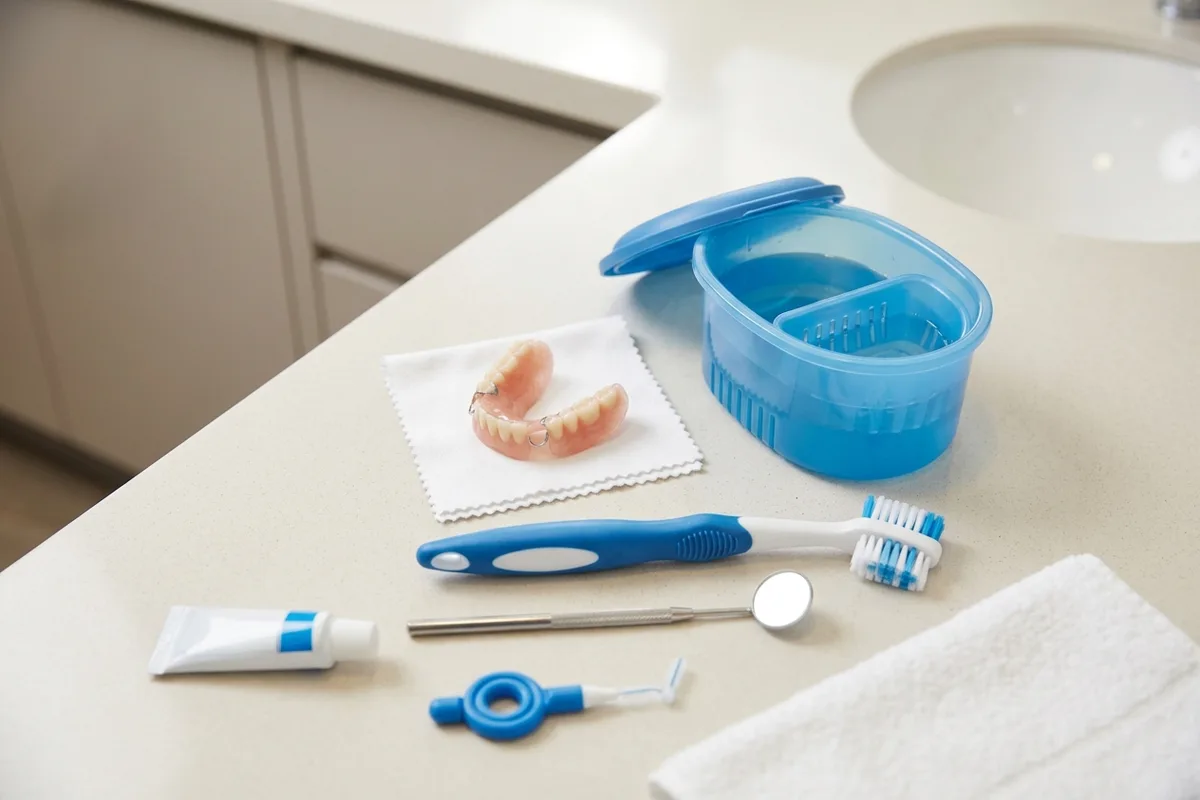 A partial denture sits beside a denture cleaning brush and a protective storage bath on a counter.