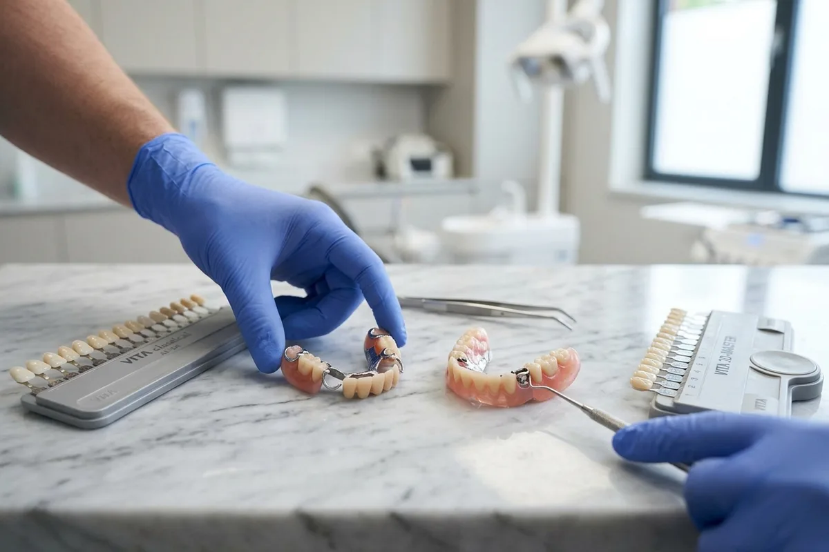 Different partial denture designs featuring clasp and precision attachments beside a dental shade guide.