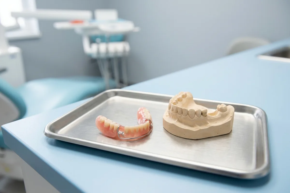 A removable partial denture rests next to a dental cast model on a clean clinic tray.